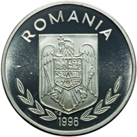 obverse of 100 Lei - XXVI Olympiad - Atlanta (1996) coin from Romania. Inscription: ROMANIA 1996 V.G.