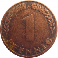 reverse of 1 Pfennig (1948 - 1949) coin with KM# A101 from Germany. Inscription: F 1 PFENNIG