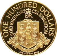 British Virgin Islands coin 100 Dollars - Elizabeth II - 50th Birthday of Queen Elizabeth II (1976) reverse reverse of 100 Dollars - Elizabeth II - 50th Birthday of Queen Elizabeth II (1976) coin with KM# 8 from British Virgin Islands. Inscription: ONE HUNDRED DOLLARS 50th BIRTHDAY CELEBRATION EllR FM 900/1000 FINE GOLD