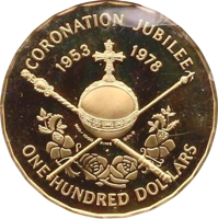 British Virgin Islands coin 100 Dollars - Elizabeth II - Coronation Jubilee (1978) reverse reverse of 100 Dollars - Elizabeth II - Coronation Jubilee (1978) coin with KM# 23 from British Virgin Islands. Inscription: CORONATION JUBILEE 1953 1978 900/1000 FINE GOLD FM ONE HUNDRED DOLLARS