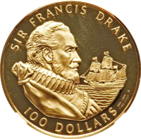 British Virgin Islands coin 100 Dollars - Elizabeth II - Sir Francis Drake (1979) reverse reverse of 100 Dollars - Elizabeth II - Sir Francis Drake (1979) coin with KM# 25 from British Virgin Islands. Inscription: SIR FRANCIS DRAKE 100 DOLLARS 900/1000 FM FINE GOLD