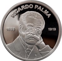 Peru coin 1 Sol - 100 years of the death of Ricardo Palma (2019) obverse obverse of 1 Sol - 100 years of the death of Ricardo Palma (2019) coin from Peru. Inscription: RICARDO PALMA 1833 1919