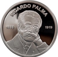 obverse of 1 Sol - 100 years of the death of Ricardo Palma (2019) coin from Peru. Inscription: RICARDO PALMA 1833 1919