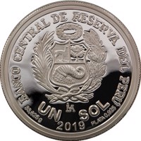 reverse of 1 Sol - 100 years of the death of Ricardo Palma (2019) coin from Peru. Inscription: BANCO CENTRAL DE RESERVA DEL PERÚ UN SOL 33,625g 2019 PLATA 0,925