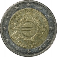 Germany coin 2 Euro - 10 Years of Euro Cash (2012) obverse obverse of 2 Euro - 10 Years of Euro Cash (2012) coin with KM# 306 from Germany. Inscription: BUNDESREPUBLIK DEUTSCHLAND A.H. € 2002 2012 F