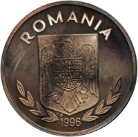 Romania coin 100 Lei - XXVI Olympiad - Atlanta (1996) obverse obverse of 100 Lei - XXVI Olympiad - Atlanta (1996) coin from Romania. Inscription: ROMANIA 1996 V.G.