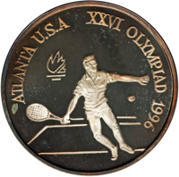 reverse of 100 Lei - XXVI Olympiad - Atlanta (1996) coin from Romania. Inscription: ATLANTA U.S.A. XXVI OLYMPIAD 1996