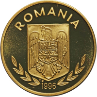 obverse of 100 Lei - XXVI Olympiad - Atlanta (1996) coin from Romania. Inscription: ROMANIA 1996 V.G.