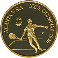 reverse of 100 Lei - XXVI Olympiad - Atlanta (1996) coin from Romania. Inscription: ATLANTA U.S.A. XXVI OLYMPIAD 1996