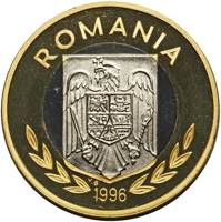 Romania coin 100 Lei - XXVI Olympiad - Atlanta (1996) obverse obverse of 100 Lei - XXVI Olympiad - Atlanta (1996) coin from Romania. Inscription: ROMANIA 1996 V.G.