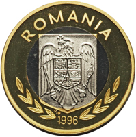 obverse of 100 Lei - XXVI Olympiad - Atlanta (1996) coin from Romania. Inscription: ROMANIA 1996 V.G.