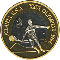 reverse of 100 Lei - XXVI Olympiad - Atlanta (1996) coin from Romania. Inscription: ATLANTA U.S.A. XXVI OLYMPIAD 1996