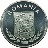 obverse of 100 Lei - XXVI Olympiad - Atlanta (1996) coin from Romania. Inscription: ROMANIA 1996 V.G.