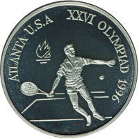 reverse of 100 Lei - XXVI Olympiad - Atlanta (1996) coin from Romania. Inscription: ATLANTA U.S.A. XXVI OLYMPIAD 1996