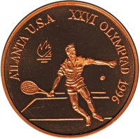 reverse of 100 Lei - XXVI Olympiad - Atlanta (1996) coin from Romania. Inscription: ATLANTA U.S.A. XXVI OLYMPIAD 1996