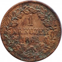 reverse of 1 Kreuzer - Friedrich I (1859 - 1871) coin with KM# 242 from German States. Inscription: 1 KREUZER 1862