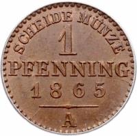 reverse of 1 Pfenning - Wilhelm I (1861 - 1873) coin with KM# 480 from German States. Inscription: SCHEIDE MÜNZE 1 PFENNING 1865 A