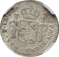 reverse of 1 Real - Carlos III (1773 - 1786) coin with KM# 52 from Bolivia. Inscription: · HISPAN · ETIND · REX · PTS · 1 R · J · R ·