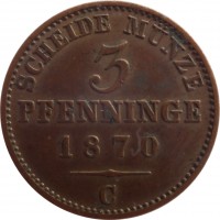 reverse of 3 Pfenninge - Wilhelm I (1861 - 1873) coin with KM# 482 from German States. Inscription: SCHEIDE MÜNZE 3 PFENNINGE 1870 C