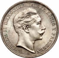 obverse of 3 Mark - Wilhelm II (1908 - 1912) coin with KM# 527 from German States. Inscription: WILHELM II DEUTSCHER KAISER KÖNIG V. PREUSSEN A