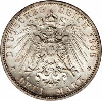reverse of 3 Mark - Wilhelm II (1908 - 1912) coin with KM# 527 from German States. Inscription: DEUTSCHES REICH 1908 * DREI MARK *