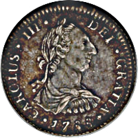 obverse of 1 Real - Carlos III (1786 - 1789) coin with KM# 52a from Bolivia. Inscription: CAROLUS·III·DEI·GRATIA