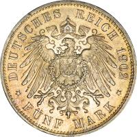 reverse of 5 Mark - Wilhelm II (1891 - 1908) coin with KM# 523 from German States. Inscription: DEUTSCHES REICH 1902 * FÜNF MARK *