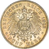 German States coin 5 Mark - Wilhelm II (1891 - 1908) reverse reverse of 5 Mark - Wilhelm II (1891 - 1908) coin with KM# 523 from German States. Inscription: DEUTSCHES REICH 1902 * FÜNF MARK *