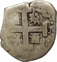 obverse of 2 Reales - Felipe V (1701 - 1728) coin with KM# 32 from Peru. Inscription: PHILIPPVS V D • G • HISPANIA