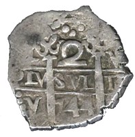 Peru coin 2 Reales - Felipe V (1729 - 1747) reverse reverse of 2 Reales - Felipe V (1729 - 1747) coin with KM# 32a from Peru.