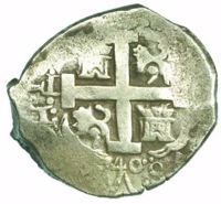 obverse of 8 Reales - Felipe V (1726 - 1746) coin with KM# 34a from Peru. Inscription: PHILIPVS V • D • G • HISPANA