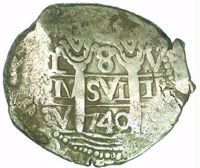 reverse of 8 Reales - Felipe V (1726 - 1746) coin with KM# 34a from Peru. Inscription: PLVS VLTR(A)