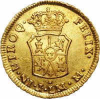 Peru coin 1 Escudo - Carlos III (1763 - 1771) reverse reverse of 1 Escudo - Carlos III (1763 - 1771) coin with KM# 72 from Peru. Inscription: IN • UTROQ • FELIX •