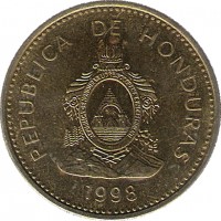 obverse of 10 Centavos (1995 - 2007) coin with KM# 76.3 from Honduras. Inscription: REPUBLICA DE HONDURAS REPUBLICA DE HONDURAS, LIBRE, SOBERANA E INDEPENDIENTE 15 DE SEPTIEMBRE 1821 2002