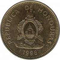 Honduras coin 10 Centavos (1995 - 2007) obverse obverse of 10 Centavos (1995 - 2007) coin with KM# 76.3 from Honduras. Inscription: REPUBLICA DE HONDURAS REPUBLICA DE HONDURAS, LIBRE, SOBERANA E INDEPENDIENTE 15 DE SEPTIEMBRE 1821 2002