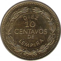 reverse of 10 Centavos (1995 - 2007) coin with KM# 76.3 from Honduras. Inscription: DIEZ 10 CENTAVOS DE LEMPIRA