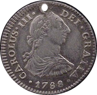 obverse of 1 Real - Carlos III (1785 - 1789) coin with KM# 78.2a from Mexico. Inscription: CAROLUS•III•DEI•GRATIA •1788•