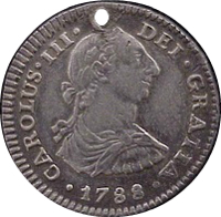 Mexico coin 1 Real - Carlos III (1785 - 1789) obverse obverse of 1 Real - Carlos III (1785 - 1789) coin with KM# 78.2a from Mexico. Inscription: CAROLUS•III•DEI•GRATIA •1788•