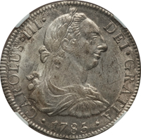 Mexico coin 8 Reales - Carlos III (1785 - 1789) obverse obverse of 8 Reales - Carlos III (1785 - 1789) coin with KM# 106a from Mexico. Inscription: CAROLUS•III•DEI•GRATIA •1785•
