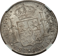 Mexico coin 8 Reales - Carlos III (1785 - 1789) reverse reverse of 8 Reales - Carlos III (1785 - 1789) coin with KM# 106a from Mexico. Inscription: •HISPAN•ET IND•REX•Mo•8R•F•M•