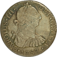 obverse of 2 Reales - Carlos III (1786 - 1787) coin with KM# 34a from Guatemala. Inscription: CAROLUS•III•DEI•GRATIA •1787•