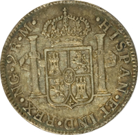 reverse of 2 Reales - Carlos III (1786 - 1787) coin with KM# 34a from Guatemala. Inscription: •HISPAN•ET IND•REX•NG•2R•M•