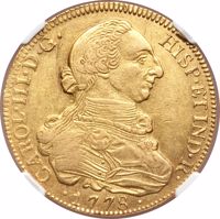 obverse of 8 Escudos - Carlos III (1778 - 1785) coin with KM# 40 from Guatemala. Inscription: CAROLUS•III•D•G•HISP•ETIND•REX •1778•