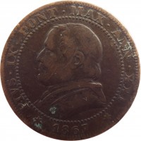 obverse of 1 Soldo / 5 Centesimi - Pius IX (1866 - 1867) coin with KM# 1372 from Italian States. Inscription: PIVS · IX · PONT · MAX · ANN · XXI * 1867 *