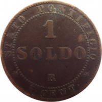 reverse of 1 Soldo / 5 Centesimi - Pius IX (1866 - 1867) coin with KM# 1372 from Italian States. Inscription: STATO PONTIFICIO 1 SOLDO R 5 · CENT ·
