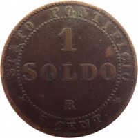 Italian States coin 1 Soldo / 5 Centesimi - Pius IX (1866 - 1867) reverse reverse of 1 Soldo / 5 Centesimi - Pius IX (1866 - 1867) coin with KM# 1372 from Italian States. Inscription: STATO PONTIFICIO 1 SOLDO R 5 · CENT ·