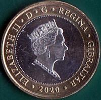 Gibraltar coin 2 Pounds - Elizabeth II - Sandy Bay (2020) obverse obverse of 2 Pounds - Elizabeth II - Sandy Bay (2020) coin from Gibraltar. Inscription: ELIZABETH II . D . G . REGINA . GIBRALTAR 2020