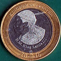 obverse of 5 Maloti - Letsie III - 50 Years of Independence (2016) coin from Lesotho. Inscription: KINGDOM OF LESOTHO H.M. King Letsie III 20 16
