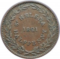 Saint Helena coin 1/2 Penny - British East India Company (1821) reverse reverse of 1/2 Penny - British East India Company (1821) coin with KM# A4 from Saint Helena. Inscription: ST. HELENA 1821 HALFPENNY