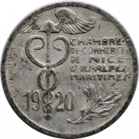 obverse of 10 Centimes - Nice (1920 - 1922) coin from France. Inscription: CHAMBRE DE COMMERCE DDE NICE ET DES ALPES MARITIMES 19 20